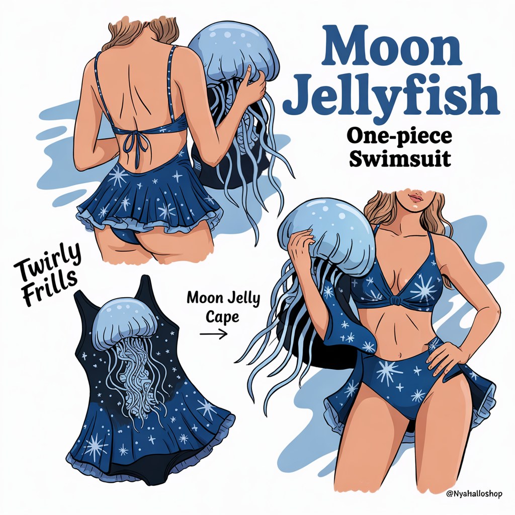 Moon Jellyfish One-Piece Swimsuit with Twirly Frills Cape