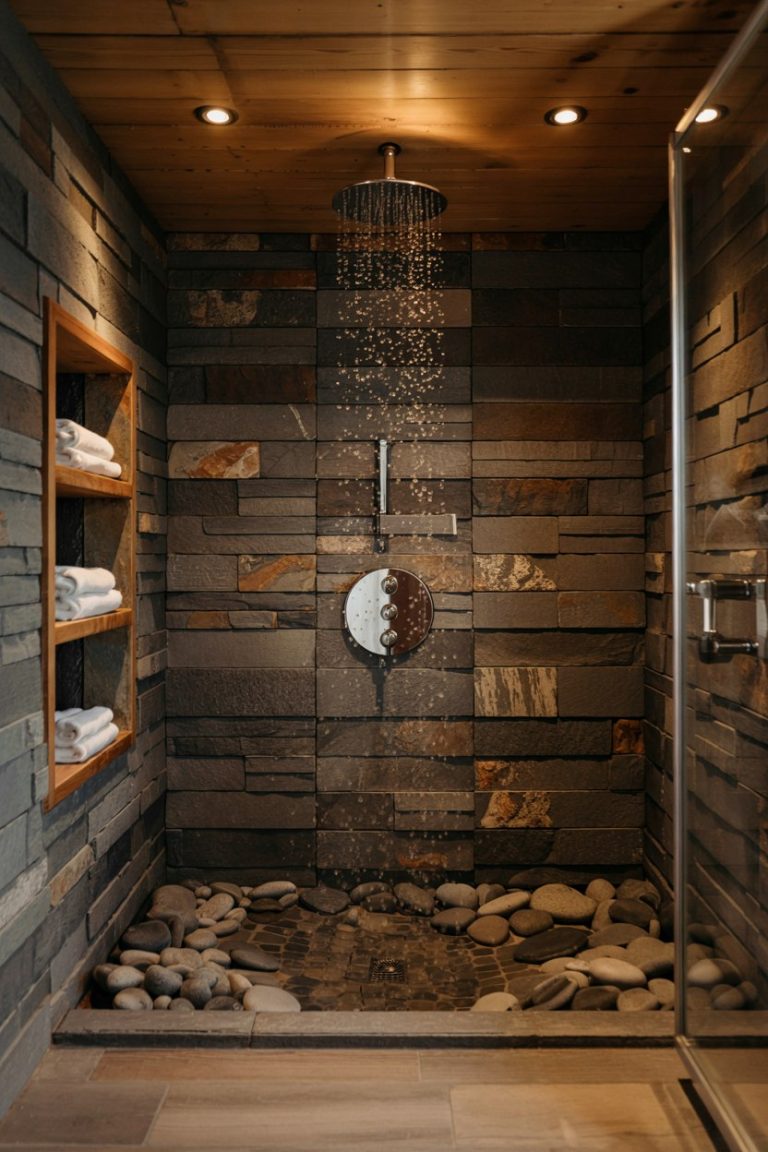 Luxury Spa Shower Design Ideas with Natural Stone Tile Accent