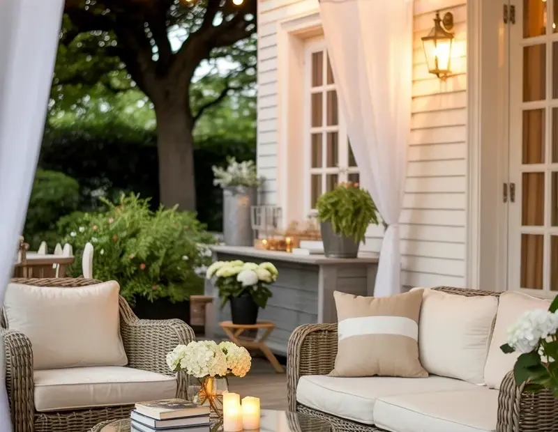 Cozy Outdoor Patio with Cream Wicker Furniture and Rattan Coffee Table