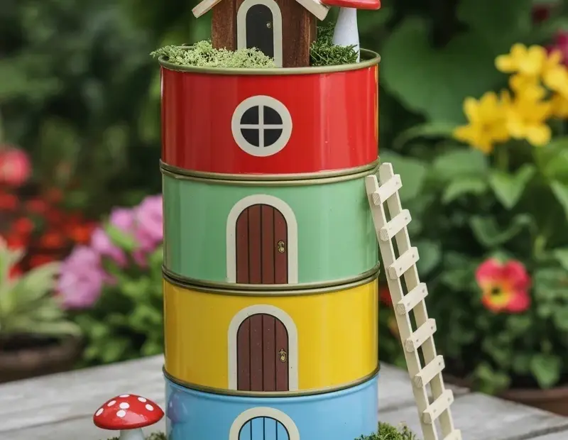 Tin can fairy house DIY: before and after of a colorful miniature garden
