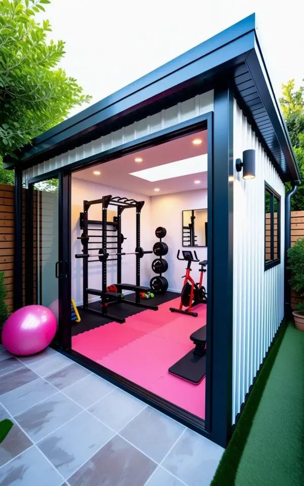 Modern Home Gym Shed with Pink Rubber Floor & Open Glass Doors