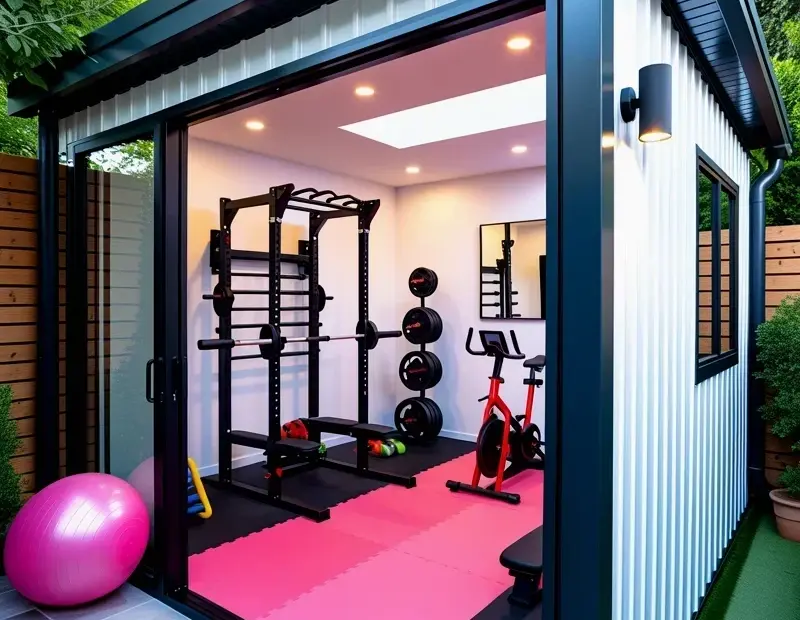 Modern Home Gym Shed with Pink Rubber Floor & Open Glass Doors