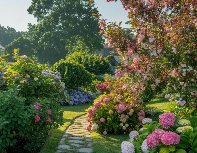 Before & after: curved stone paver garden path through lush hydrangeas 🌸