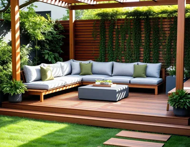Modern Pergola with L-Shaped Sofa: Outdoor Garden Retreat Ideas for a Relaxing Backyard Lounge