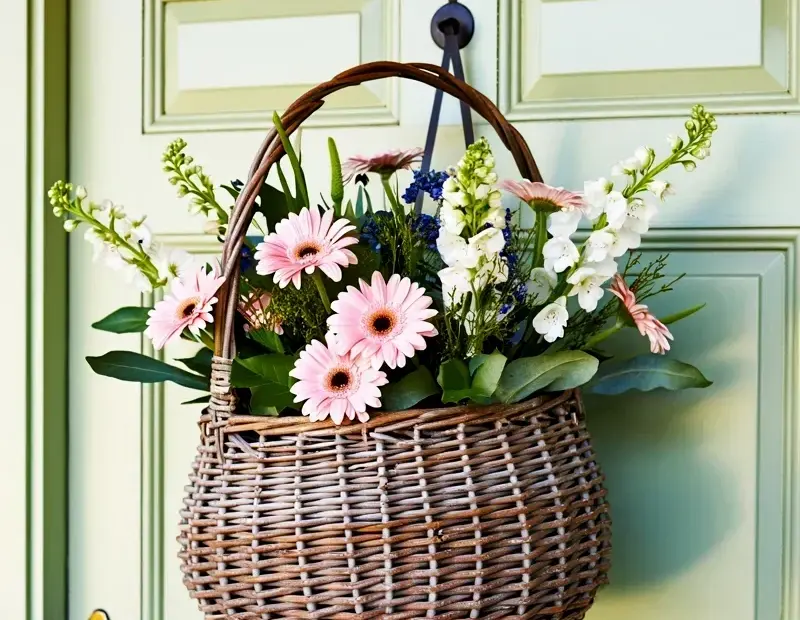 Mint green door flower basket with pink gerbera daisies – summer welcome ☀️