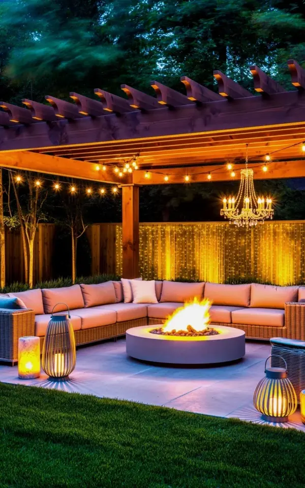 Backyard transformation: circular fire pit, beige sectional, and chandelier under pergola