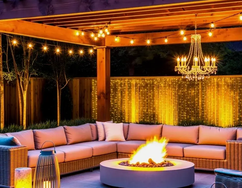 Backyard transformation: circular fire pit, beige sectional, and chandelier under pergola