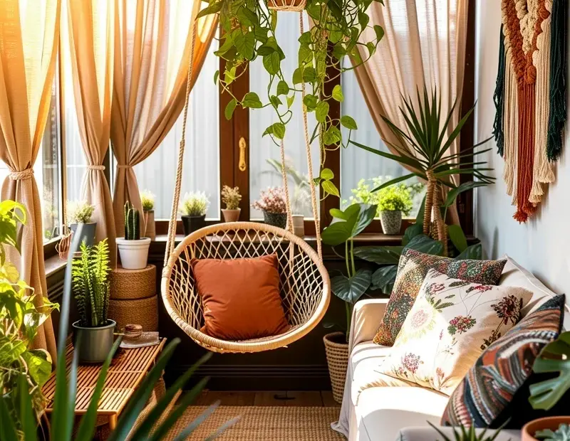 Sunlit Bohemian Sunroom with Macrame Hanger and Rattan Chair ☀️