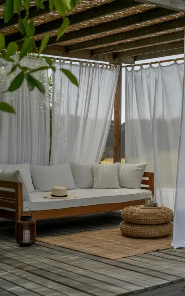 Budget-Friendly Patio Daybed Setup with Sheer Curtains | Cozy Outdoor Seating Ideas