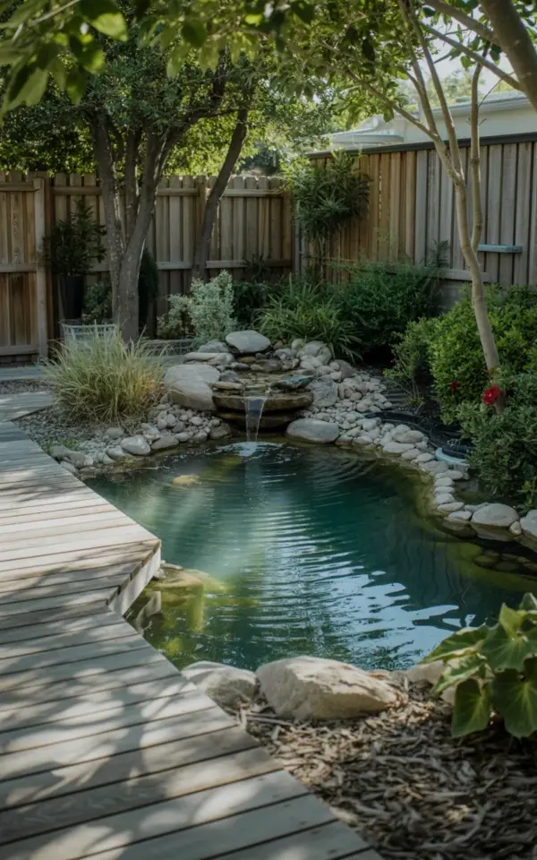 How to Build a Natural Backyard Pond with a Small Waterfall and Wooden Deck