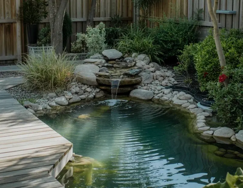 How to Build a Natural Backyard Pond with a Small Waterfall and Wooden Deck