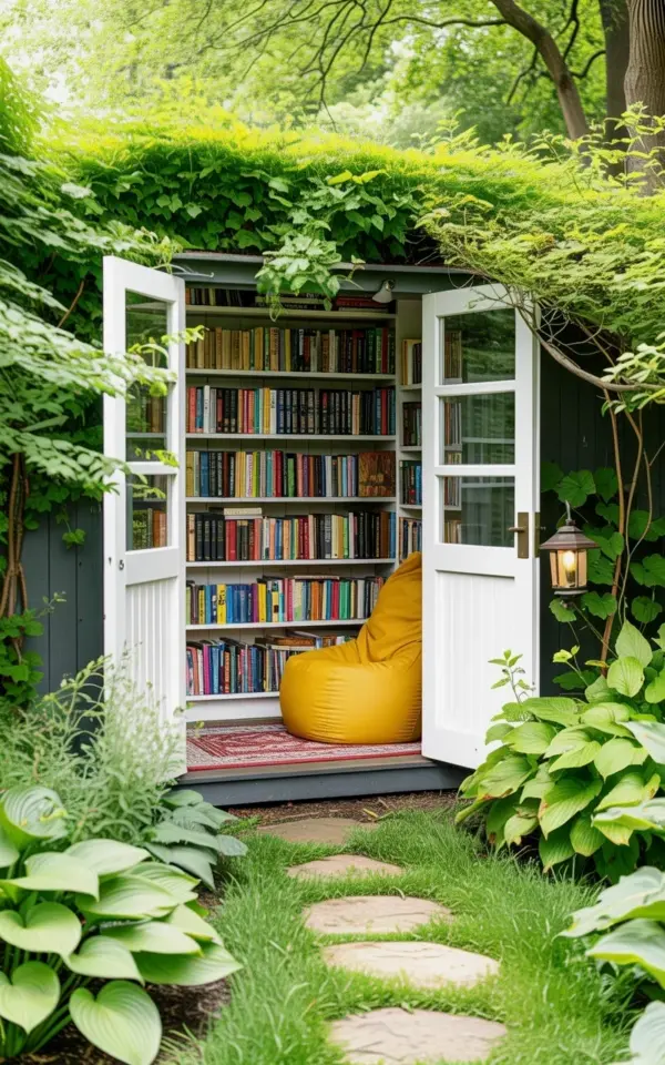 Cozy Garden Library Nook with White Shed and Vines - Perfect Spring Reading Spot