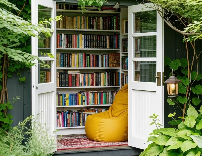 Cozy Garden Library Nook with White Shed and Vines - Perfect Spring Reading Spot