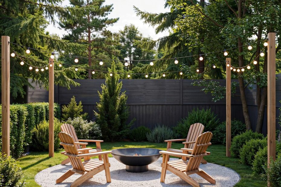Fire Pit Area String Light Poles Using Planters | Easy DIY Outdoor Decor Project
