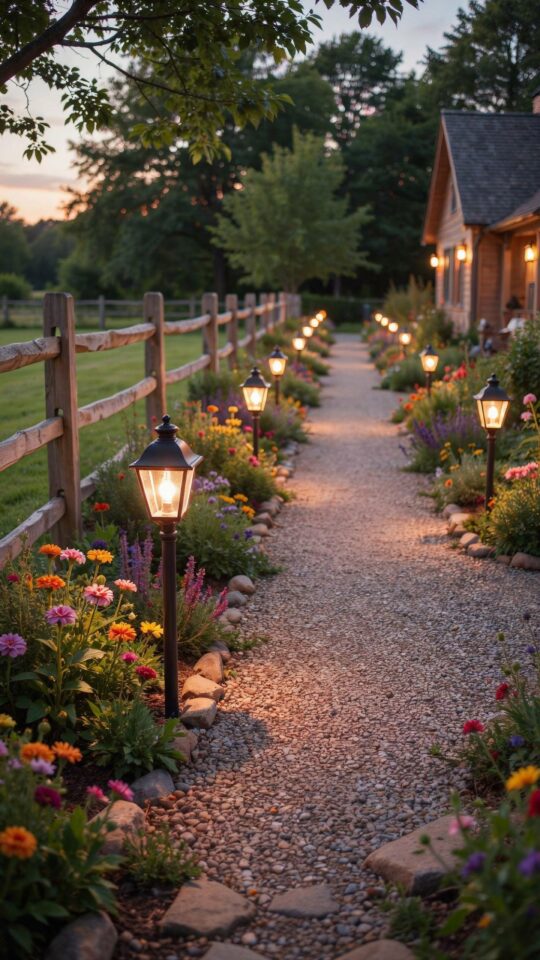 Farmhouse Landscape Lighting with Vintage Path Lights | Cozy Backyard Pathway Ideas
