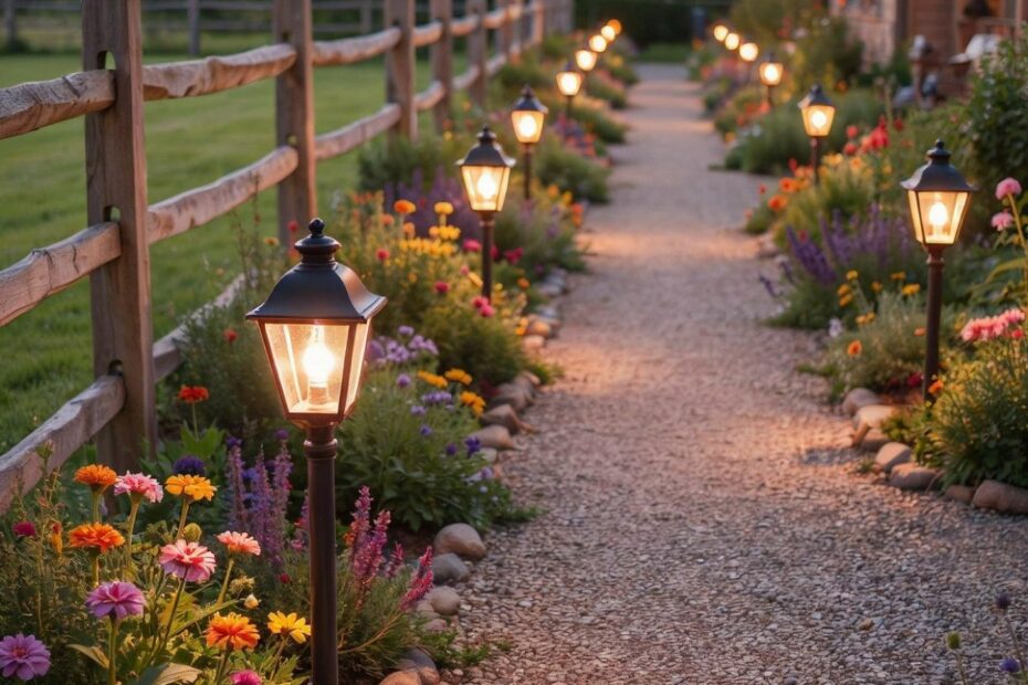 Farmhouse Landscape Lighting with Vintage Path Lights | Cozy Backyard Pathway Ideas