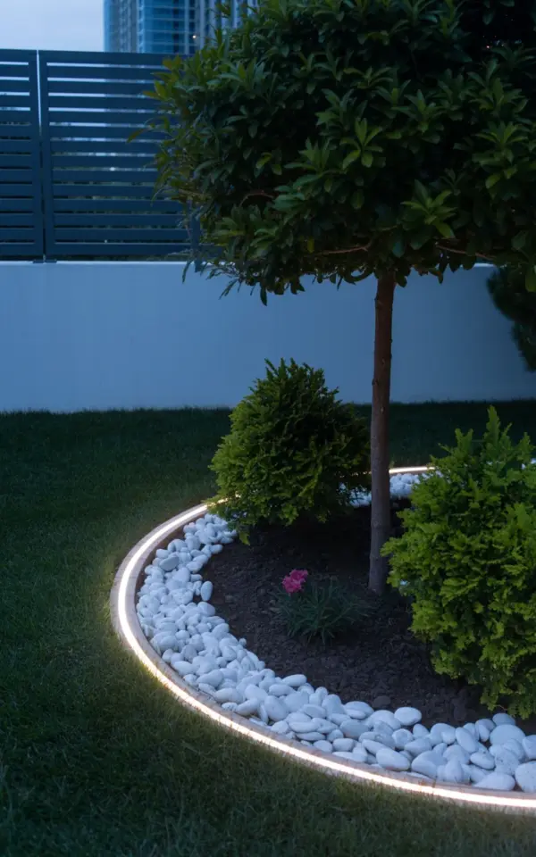 Curved Garden Bed Lighting with LED Strip & River Rocks | Nighttime Patio Ambiance