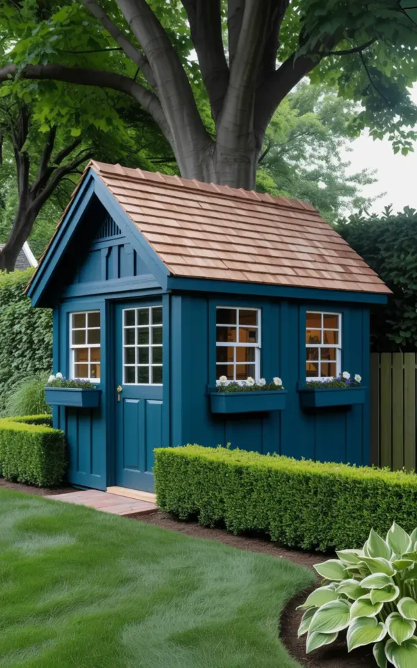 Teal Garden Shed Palmerston 8x12 | Cedar Shake Roof & Window Boxes | Backyard Storage Decor