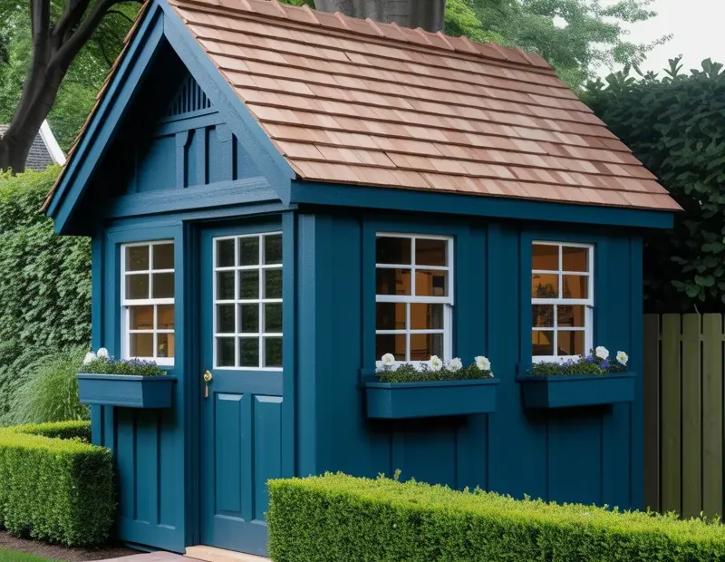 Teal Garden Shed Palmerston 8x12 | Cedar Shake Roof & Window Boxes | Backyard Storage Decor