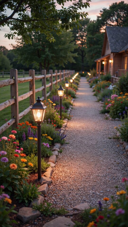 Farmhouse landscape lighting with vintage path lights | charming gravel pathway | backyard outdoor decor inspiration