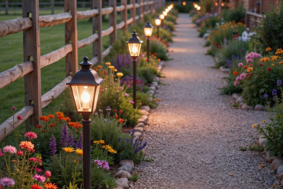 Farmhouse landscape lighting with vintage path lights | charming gravel pathway | backyard outdoor decor inspiration