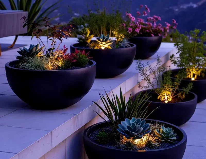 These black planter pots with built-in lights completely changed my patio at night