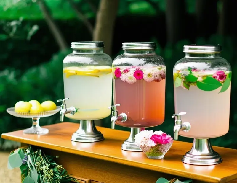 Outdoor Beverage Station with Floral Drink Dispensers for Garden Party Setup