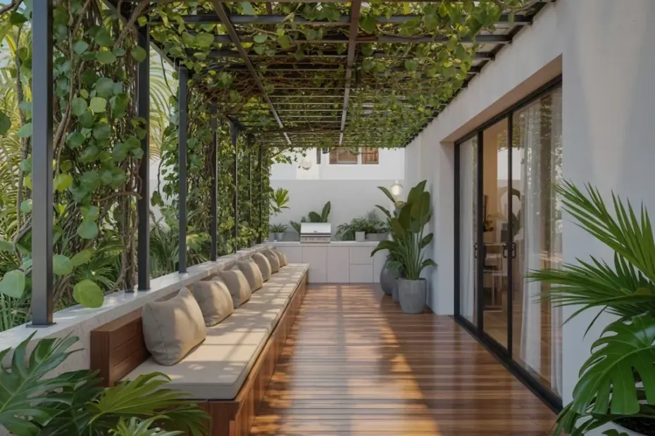 Indoor Outdoor Patio with Vine Covered Pergola and Wooden Deck | Patio Aesthetic