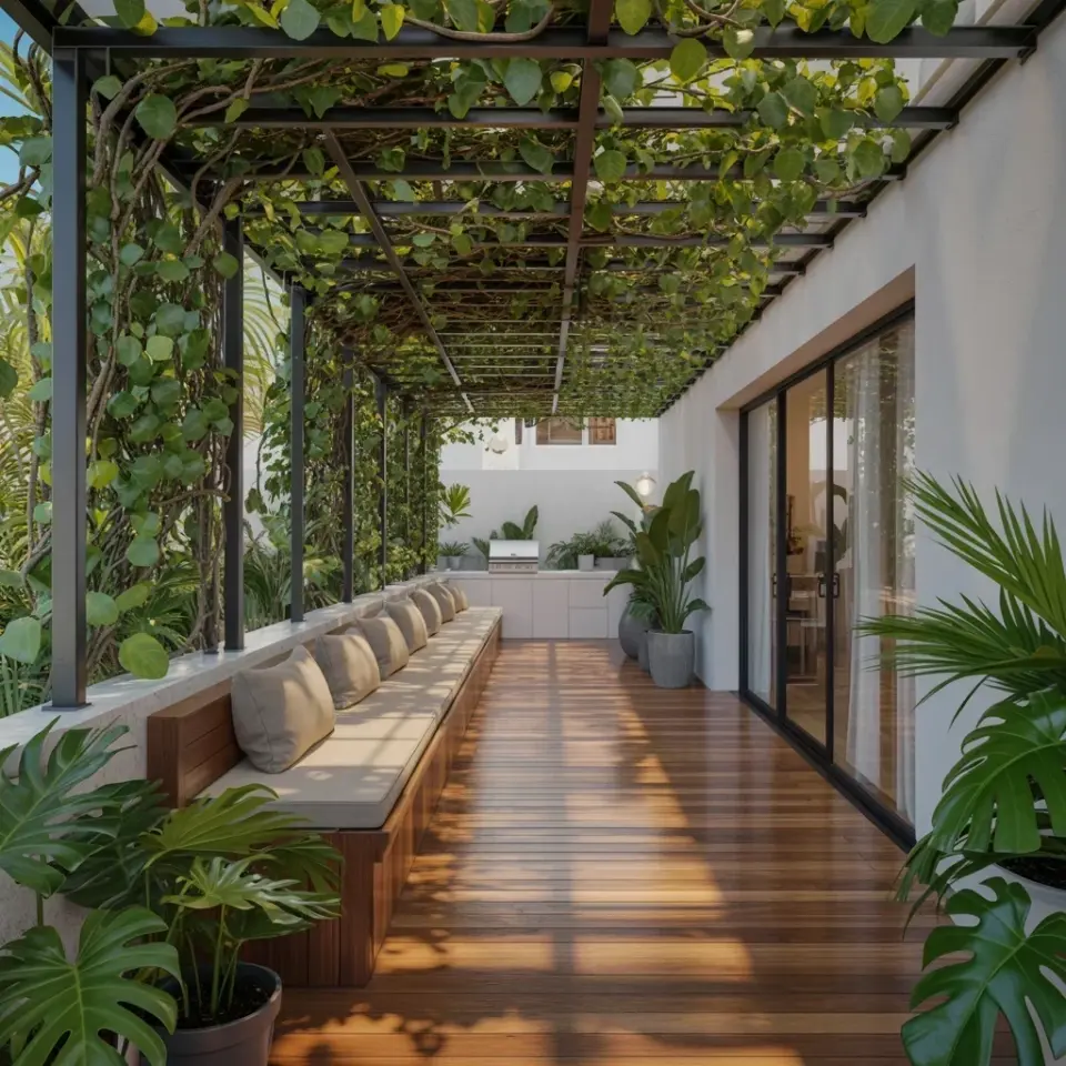 Indoor Outdoor Patio with Vine Covered Pergola and Wooden Deck | Patio Aesthetic