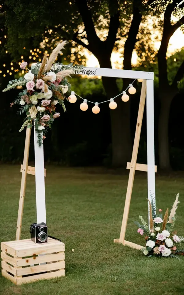 Rustic Outdoor Wedding Photo Booth Ideas | A-Frame Backdrop with Flowers & Edison Bulbs
