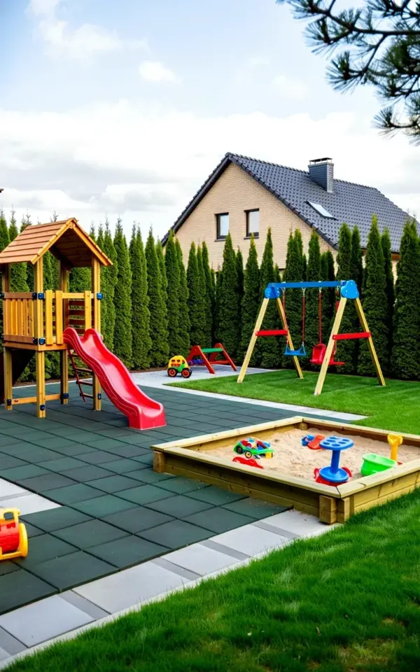 Backyard Playground on Rubber Safety Surface with Sandbox and Swing Set
