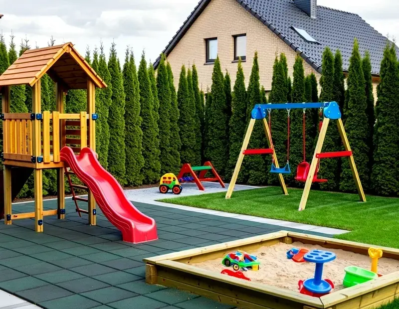 Backyard Playground on Rubber Safety Surface with Sandbox and Swing Set
