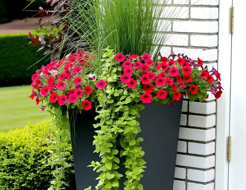 Summer Planter Ideas with Red Petunias and Tall Ornamental Grasses in a Black Pot