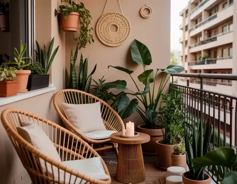 Cozy Balcony Terrace with Rattan Hoop Chairs & Monstera | Boho Patio Decor