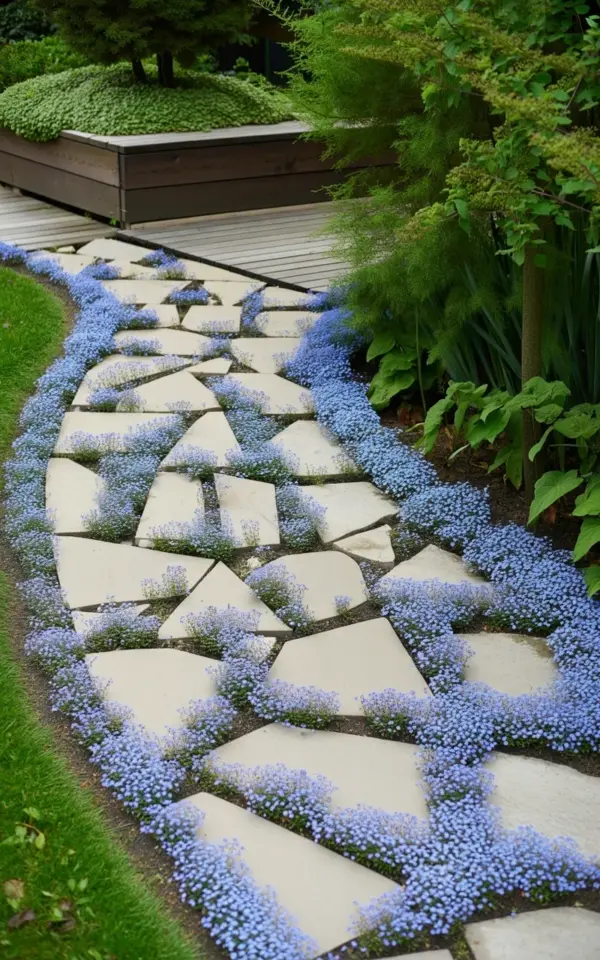 Garden Pathway with Geometric Stone Pavers and Purple Forget-Me-Nots