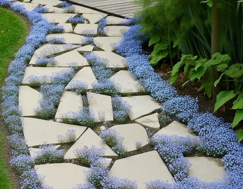 Garden Pathway with Geometric Stone Pavers and Purple Forget-Me-Nots