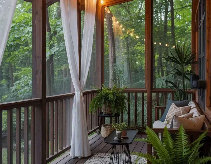 Screened Porch Ideas Before & After Makeover | Cozy Deck with Curtains and String Lights