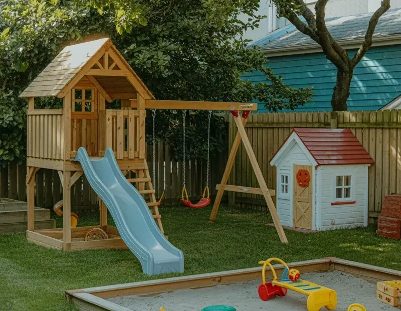 Backyard Playground Ideas for Kids - Wooden Playhouse, Swing Set & Sandbox