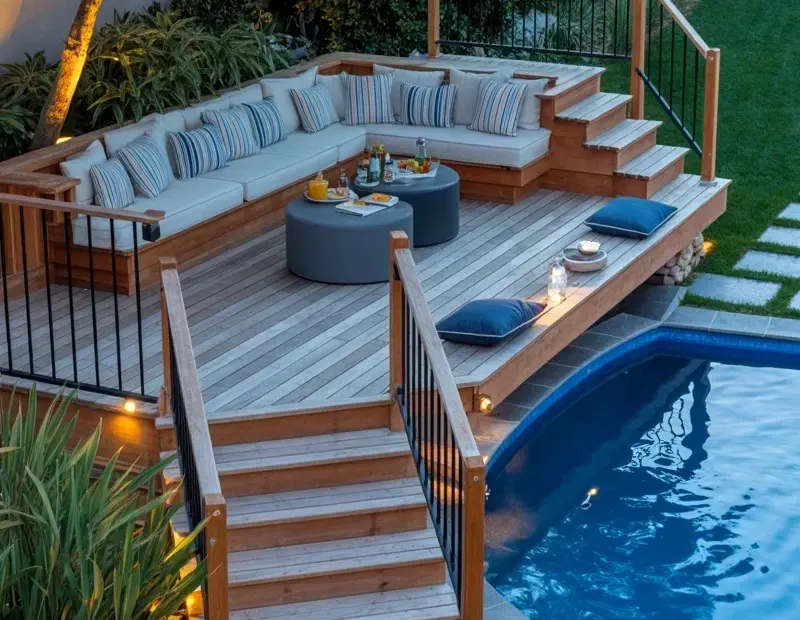 Curved Above Ground Pool Deck Ideas for Summer Parties and Lounging