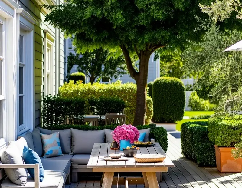Outdoor deck ideas for summer - gray sofa, wooden table, and fresh pink flowers