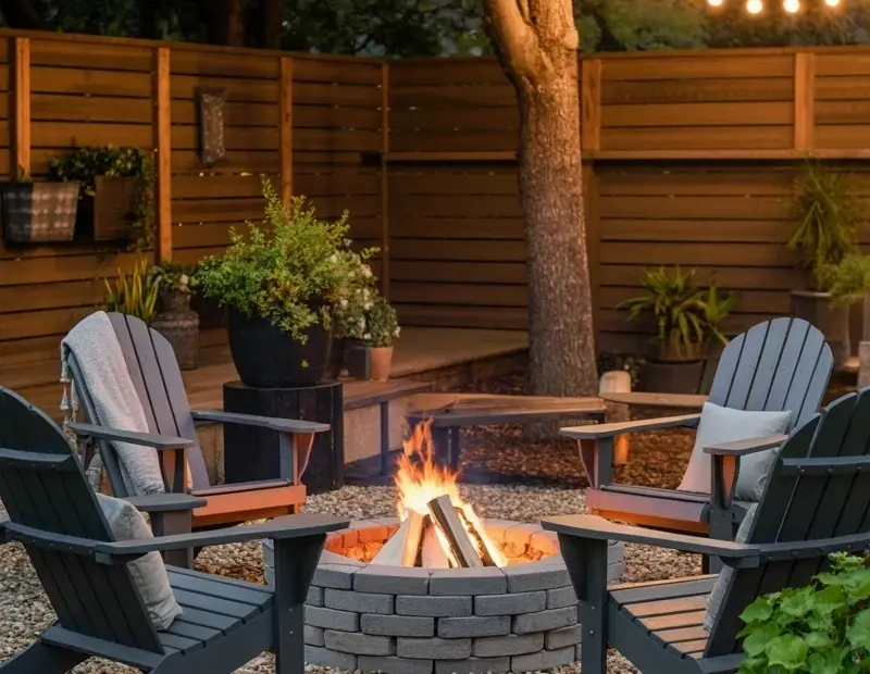 Backyard Fire Pit with Adirondack Chairs and Market Lights