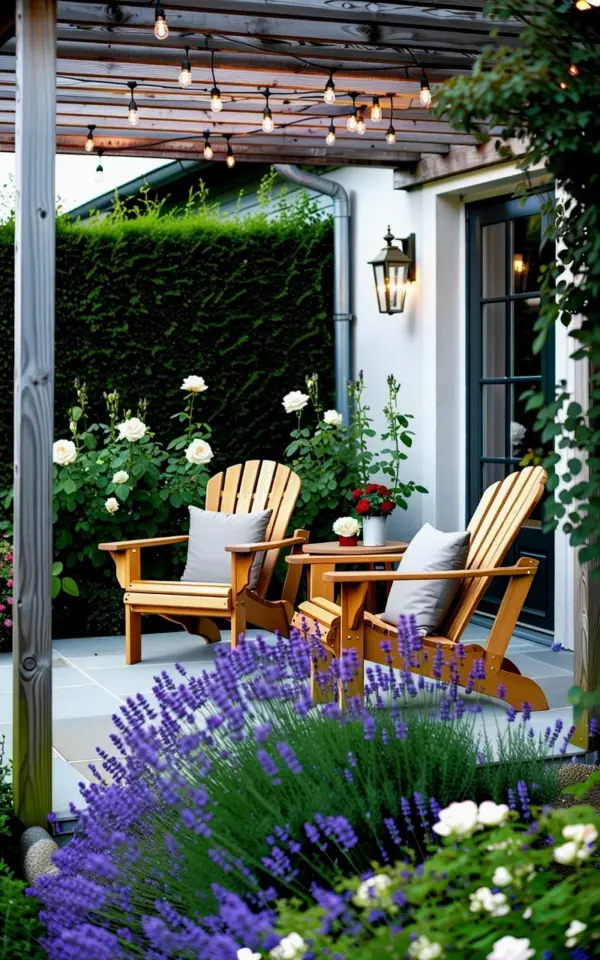 Lavender Lined Patio with Adirondack Chairs and String Lights