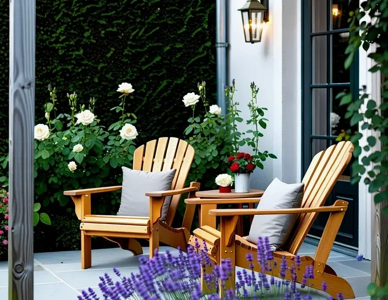 Lavender Lined Patio with Adirondack Chairs and String Lights