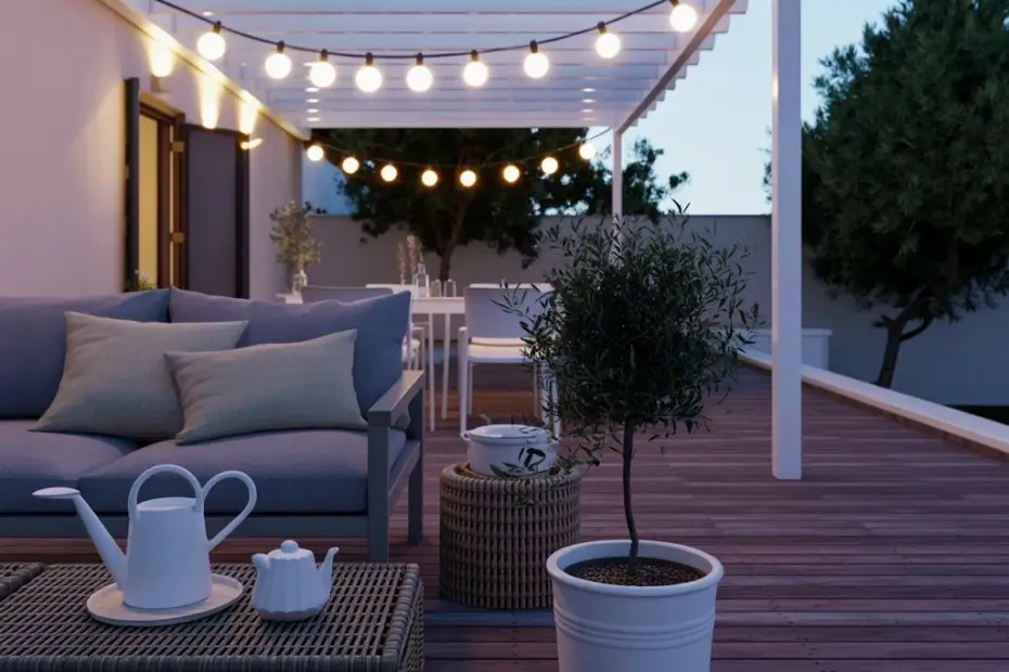 Cozy Pergola Patio Ideas with String Lights and Lounge Seating