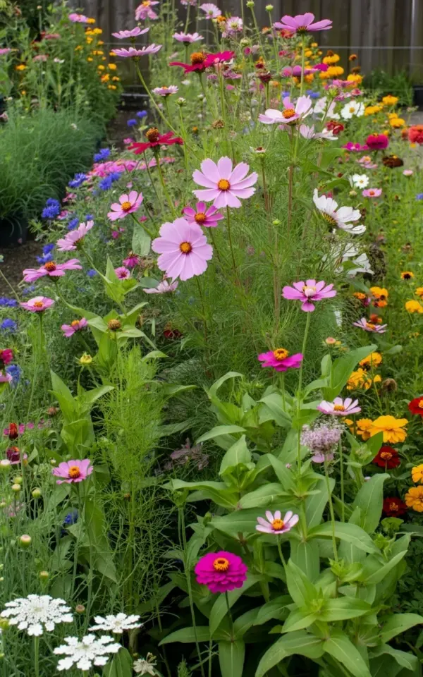 Garden Flower Bed Bursting with Cosmos, Zinnias & Cornflowers this Summer