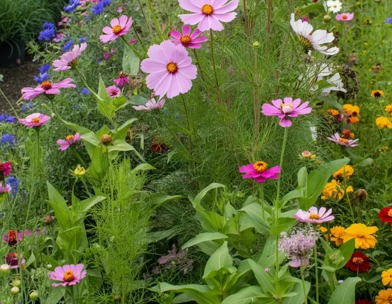 Garden Flower Bed Bursting with Cosmos, Zinnias & Cornflowers this Summer