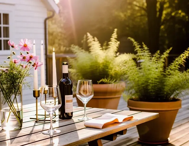 Outdoor Patio Decor Ideas for Golden Hour | Wine, Candles & Pink Cosmos on the Table