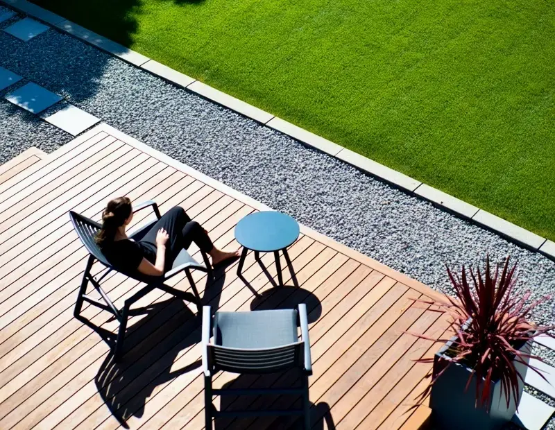 Modern outdoor deck with lounge chairs, gravel path and red grass planter | Backyard inspo