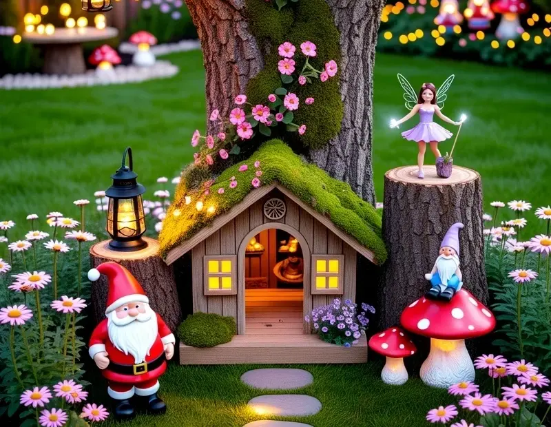 Magical Tree Fairy Garden Ideas | Moss-Covered Fairy House with Warm Glowing Lights