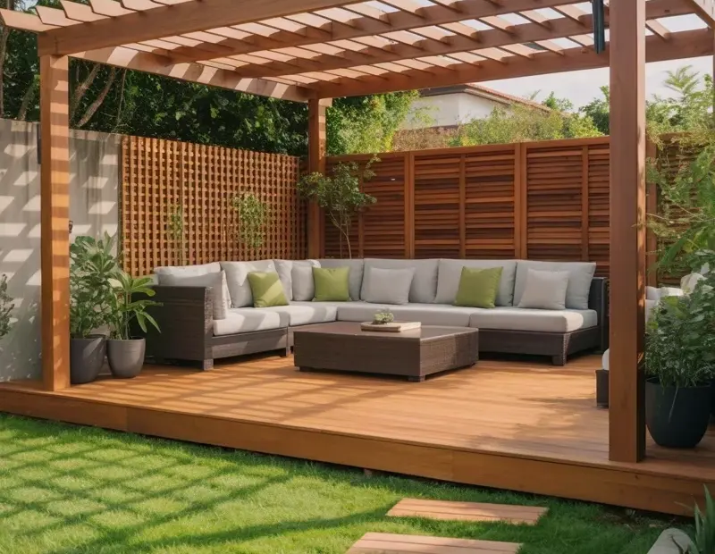 Outdoor Patio Ideas on a Budget: Wood Pergola with L-Shaped Sofa